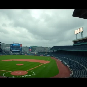 Empty baseball stands during a rain delay at a game