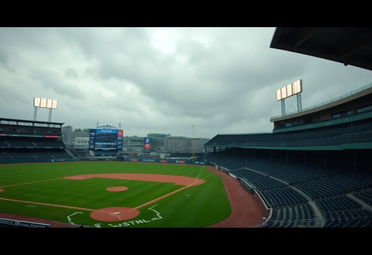 Empty baseball stands during a rain delay at a game