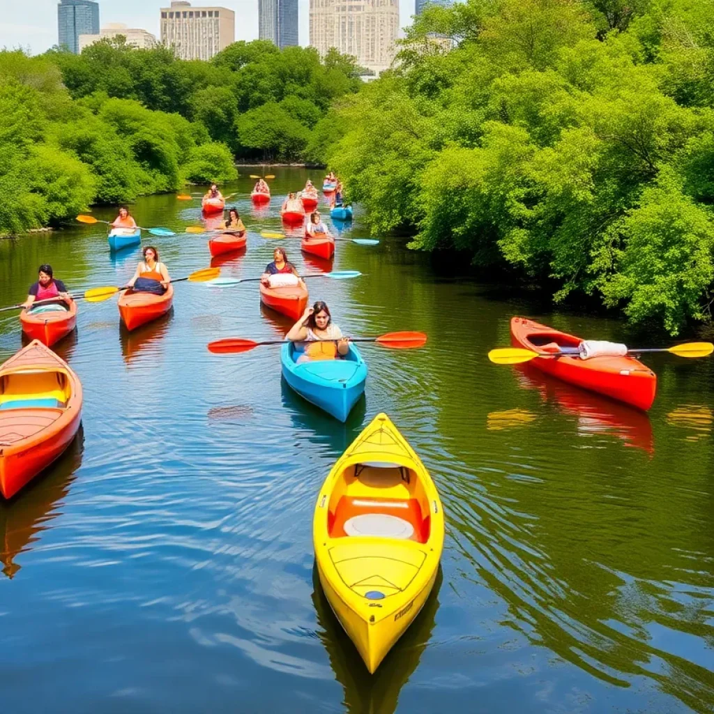 Paddlers navigating through Buffalo Bayou during the regatta