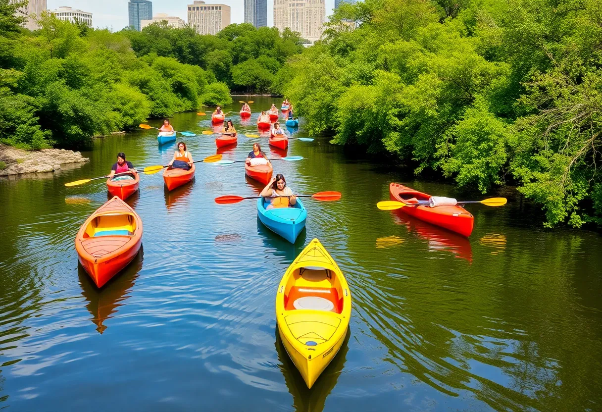 Paddlers navigating through Buffalo Bayou during the regatta