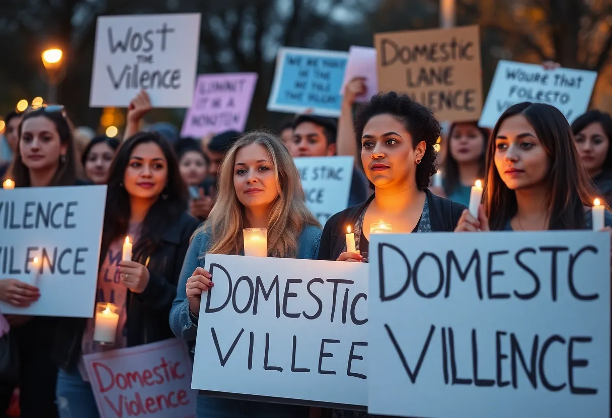 Community members holding candles and signs in solidarity against domestic violence