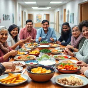 A table spread with various comforting meals provided to families in the hospital.