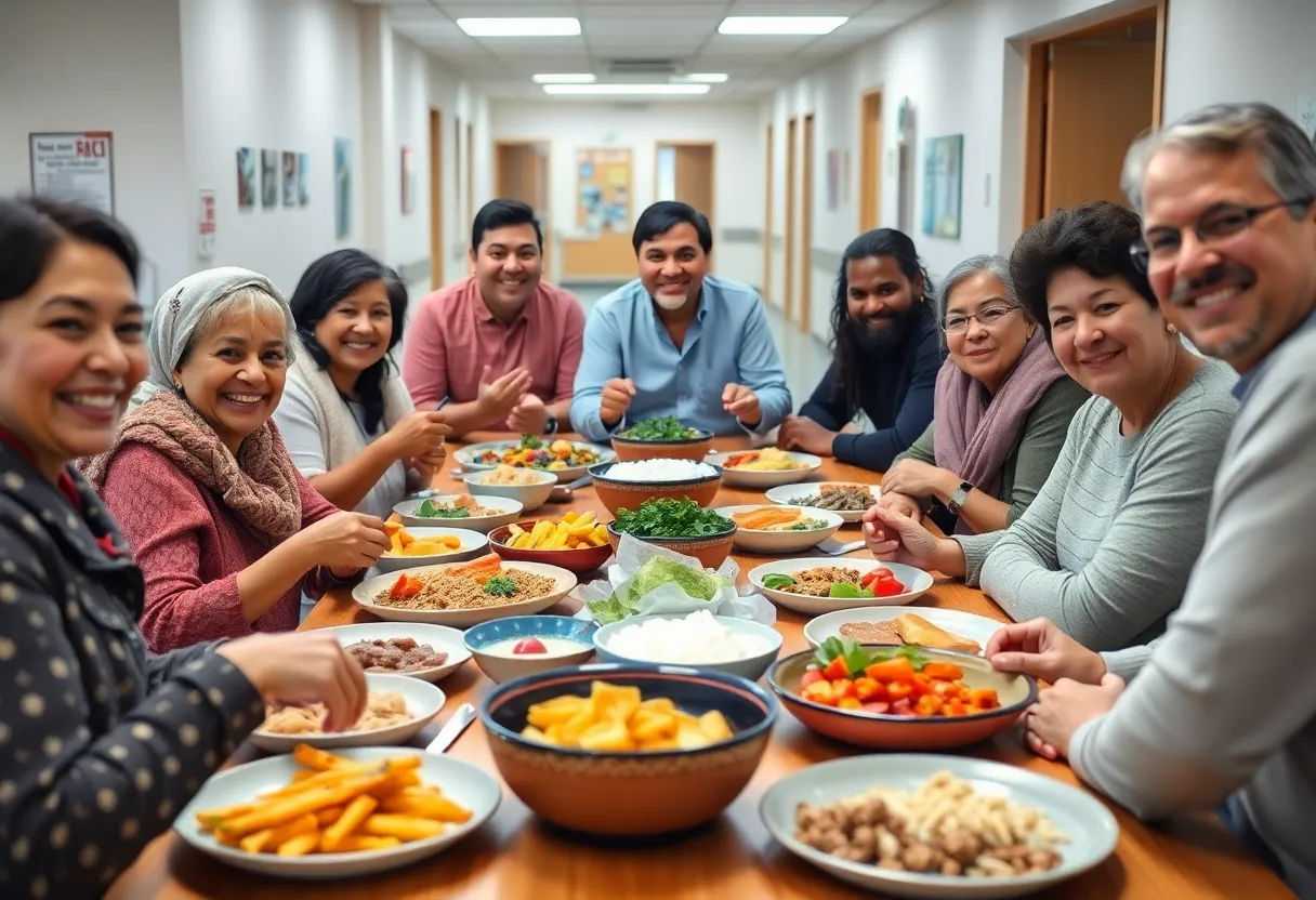 A table spread with various comforting meals provided to families in the hospital.