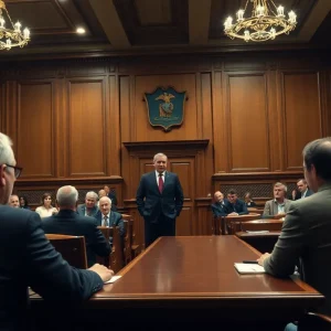 Interior of a courtroom during a murder trial