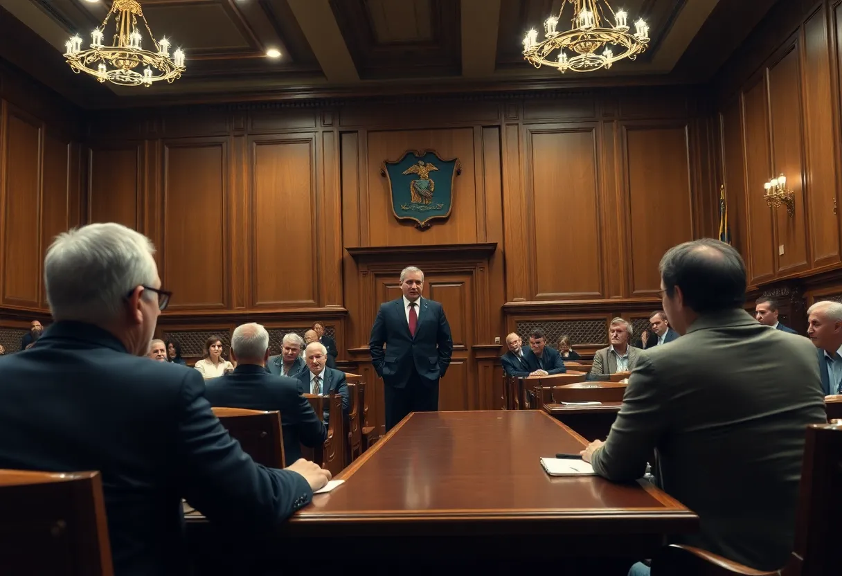 Interior of a courtroom during a murder trial
