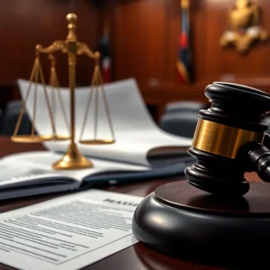 A courtroom with legal documents and scales of justice