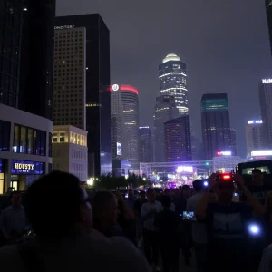 Cityscape of downtown Houston during a power outage