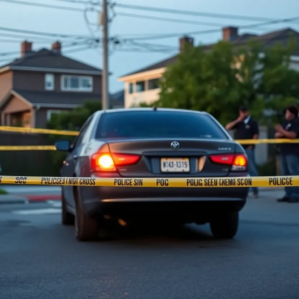 Scene of a drive-by shooting with a vehicle marked by police tape and bullet holes.