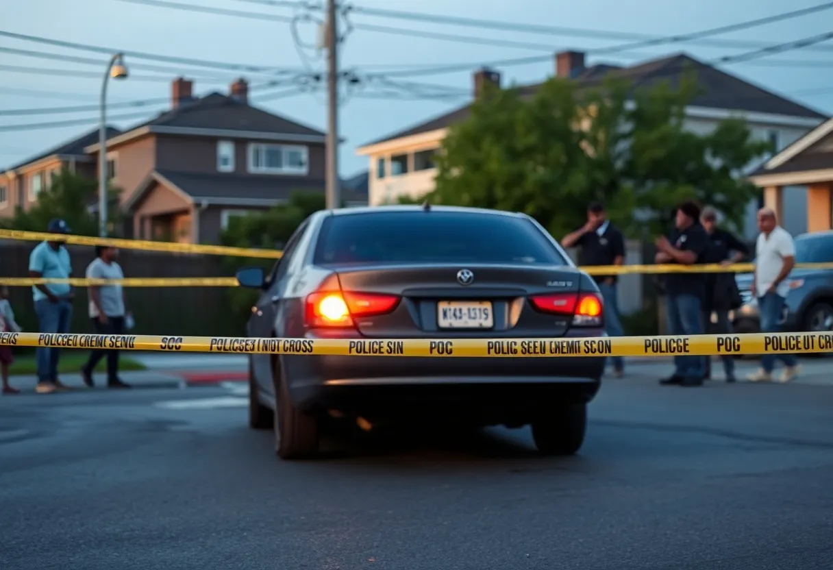 Scene of a drive-by shooting with a vehicle marked by police tape and bullet holes.