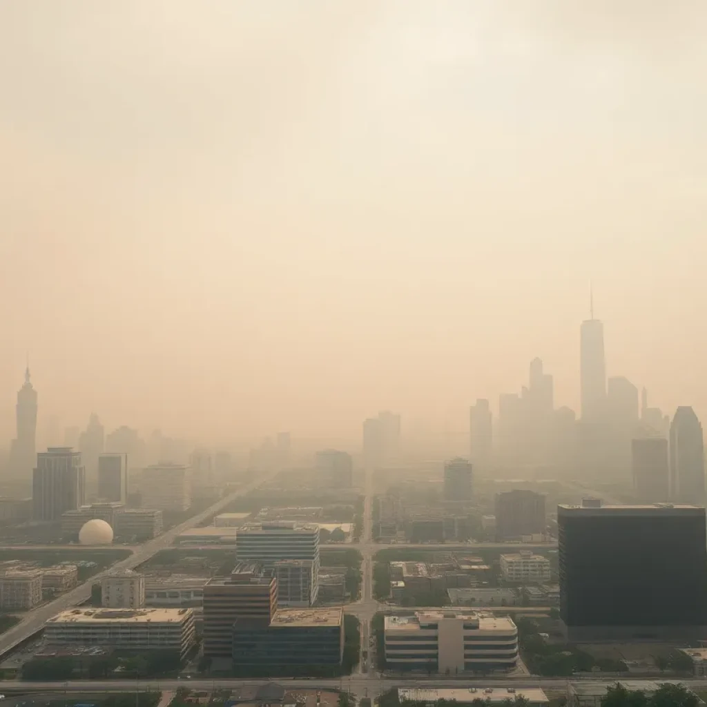 Hazy dust storm filling the skyline of Houston, Texas.