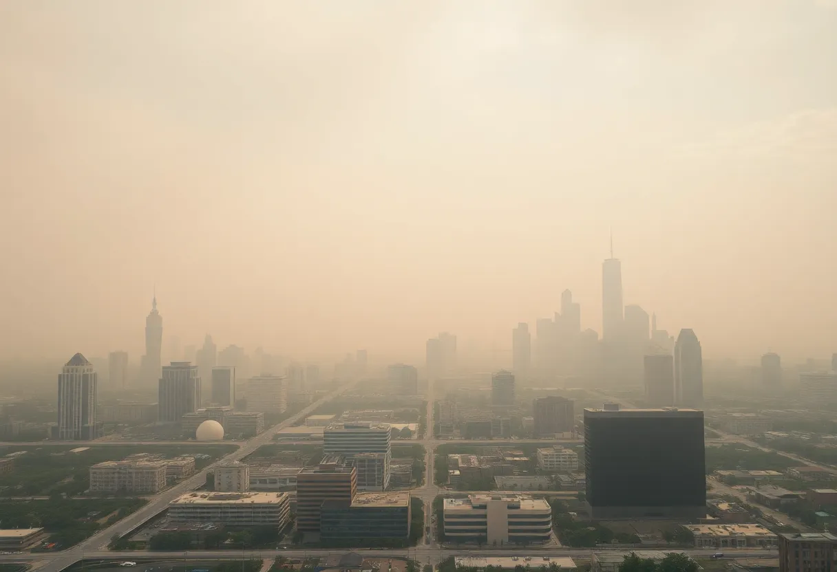 Hazy dust storm filling the skyline of Houston, Texas.