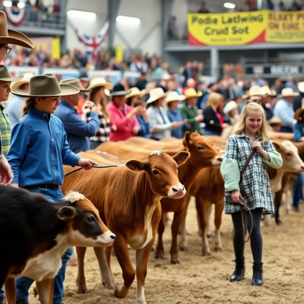 Young competitors displaying calves at a livestock show