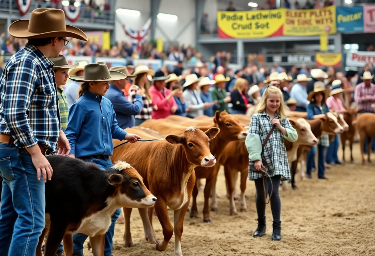 Young competitors displaying calves at a livestock show