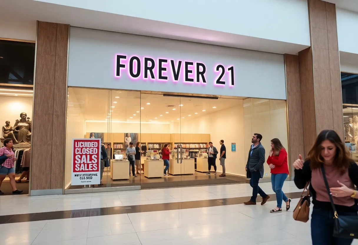 Closed Forever 21 store with liquidation sale signs in Houston
