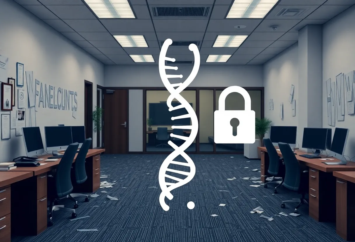 Illustration illustrating the protection of genetic data amidst corporate bankruptcy.