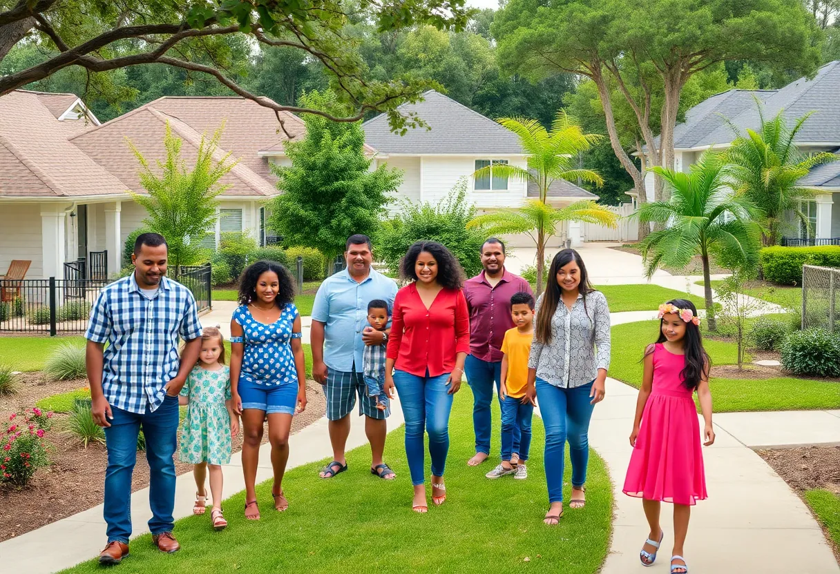 Suburban neighborhood in Harris County with diverse families
