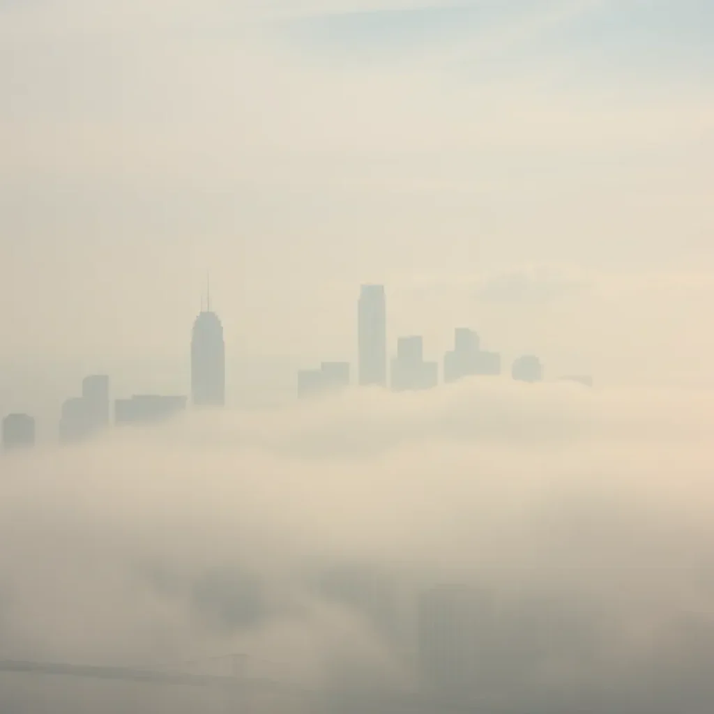 Panoramic view of Houston skyline under hazy skies