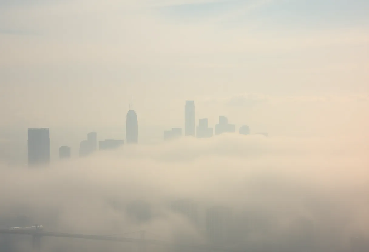 Panoramic view of Houston skyline under hazy skies