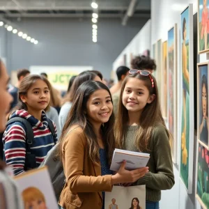 Art auction event with young artists displaying their artworks in a community setting.