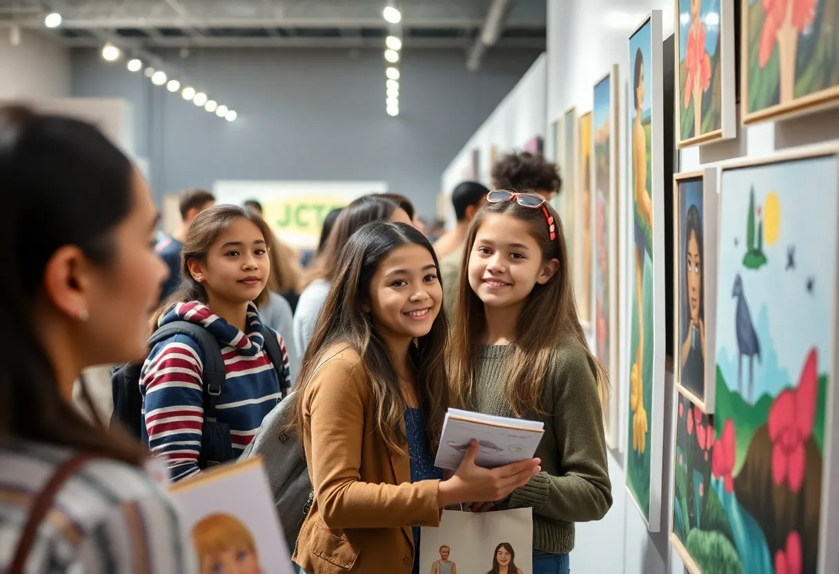 Art auction event with young artists displaying their artworks in a community setting.