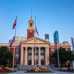 A somber tribute at Houston City Hall with flags at half-staff.