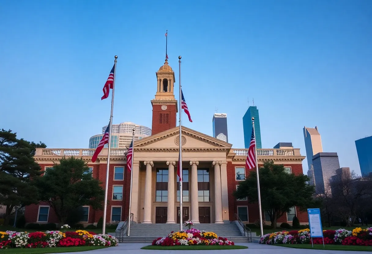 A somber tribute at Houston City Hall with flags at half-staff.