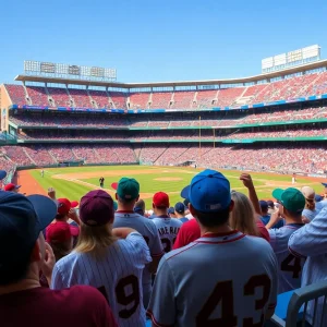 Fans cheering for the Houston Cougars baseball team in a packed stadium