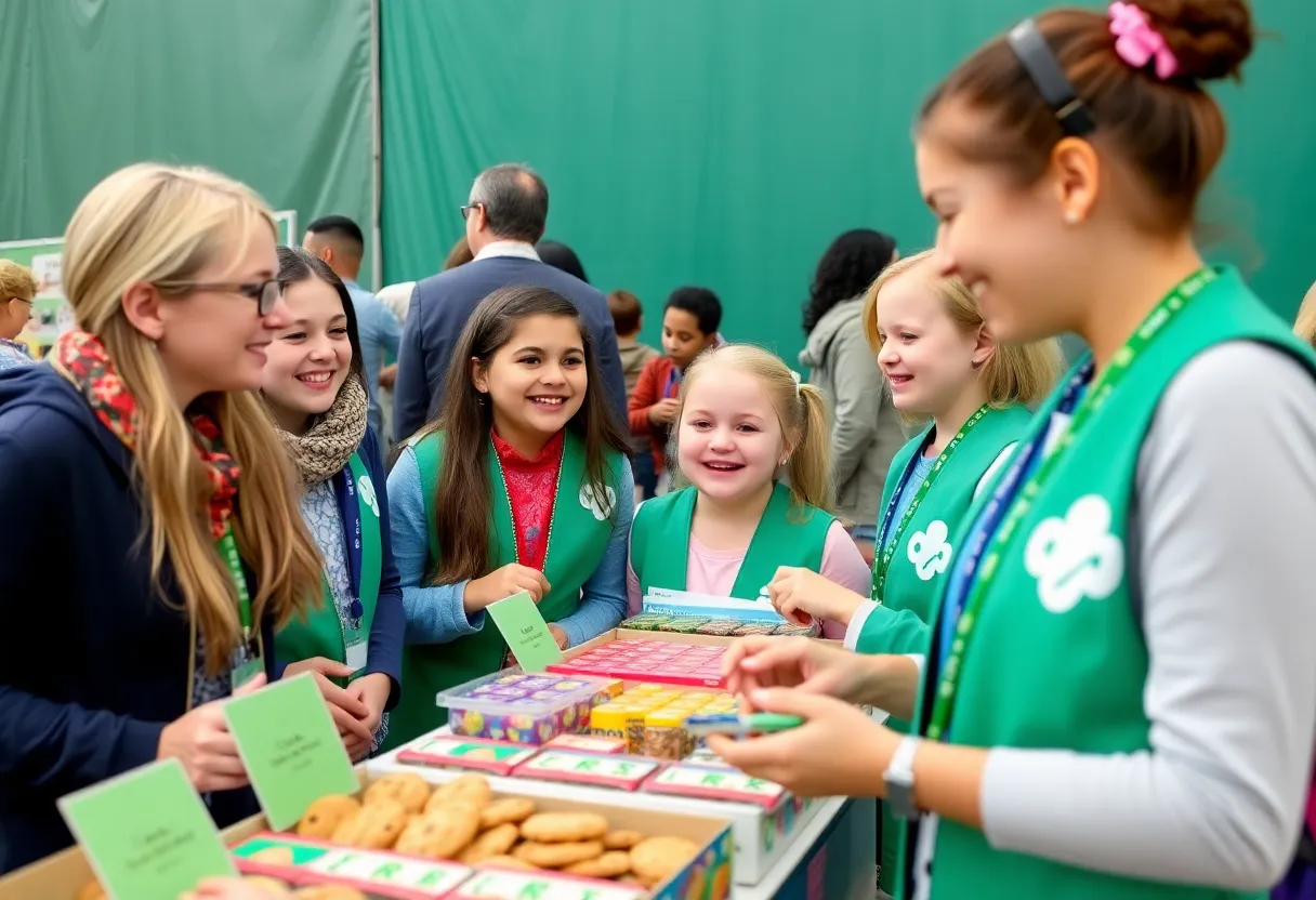 A variety of Girl Scout cookies on display at a booth