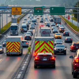 Emergency crews responding to a hazmat spill on Katy Freeway in Houston.