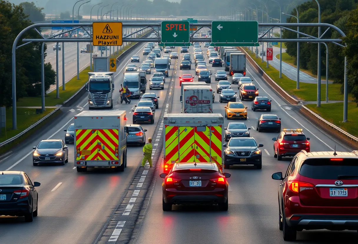 Emergency crews responding to a hazmat spill on Katy Freeway in Houston.