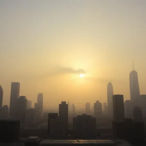 City skyline of Houston under hazy skies due to dust