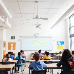 Students in a classroom benefiting from upgraded health and safety measures in Houston ISD.
