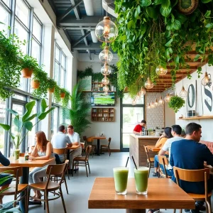 People enjoying matcha drinks in a trendy Houston café