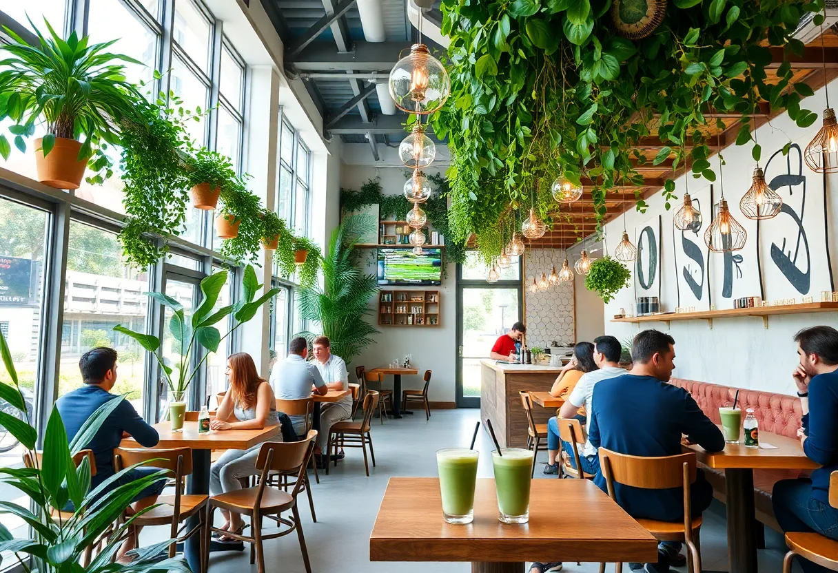 People enjoying matcha drinks in a trendy Houston café