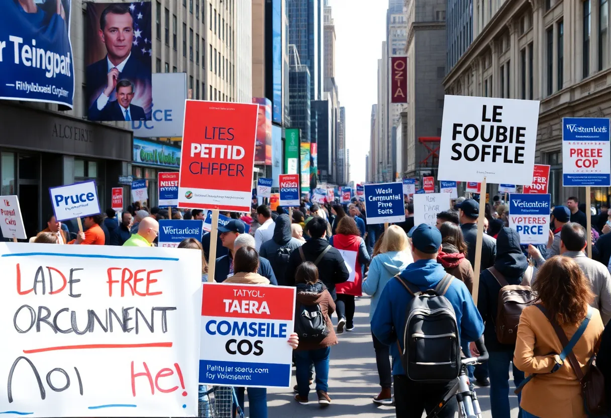 Houston city scene with protest signs for mayoral recall