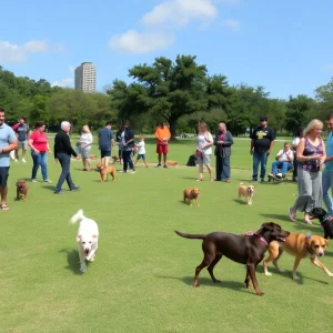 Families enjoying a park in Houston with dogs on leashes and in off-leash areas.