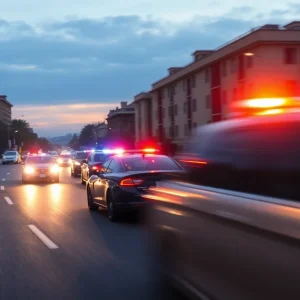 Police cars chasing a vehicle in Houston city streets