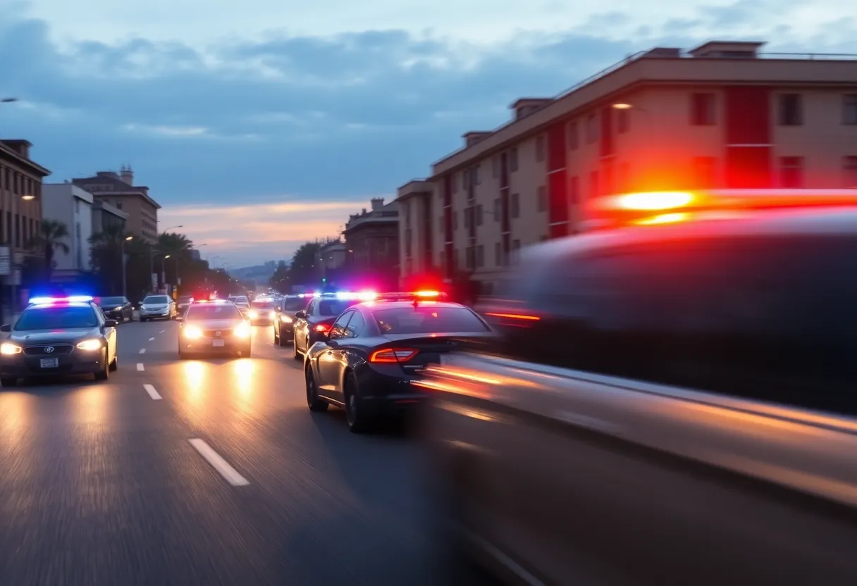 Police cars chasing a vehicle in Houston city streets