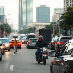 A busy street in Houston showing vehicles and pedestrians