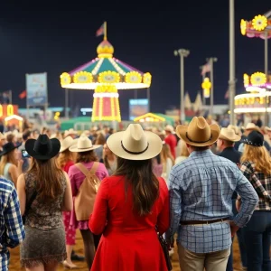Festive atmosphere at the Houston Rodeo with cheering crowds and assorted rodeo activities