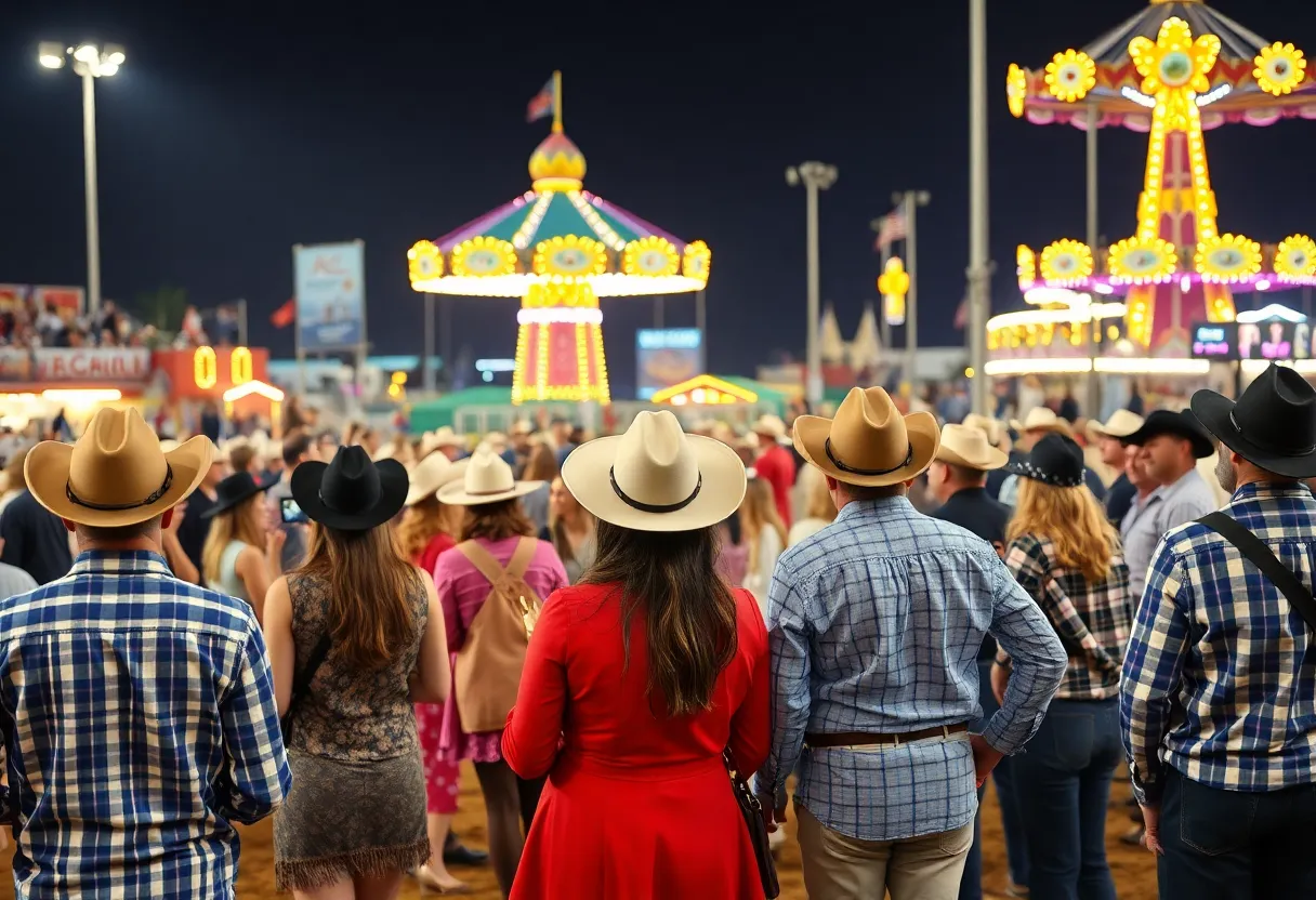 Festive atmosphere at the Houston Rodeo with cheering crowds and assorted rodeo activities