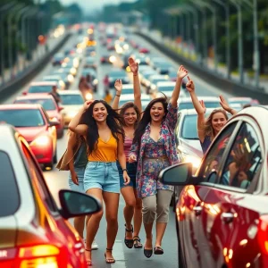 Young women dancing on I-45 highway during a traffic jam.