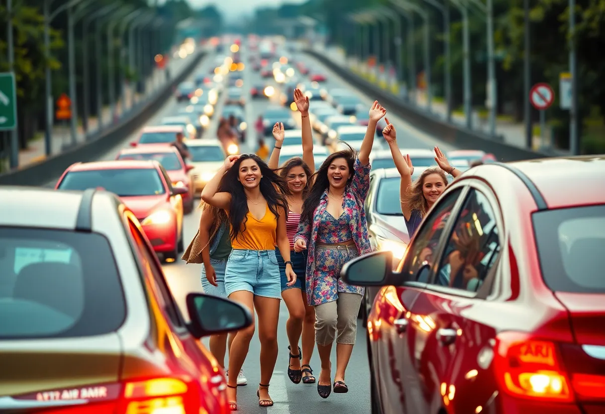 Young women dancing on I-45 highway during a traffic jam.