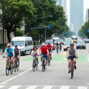 Cyclists riding in a bike lane on a bustling Houston street