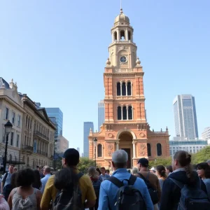 Group of people on a guided walking tour in Houston.