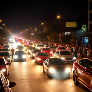 Crowded street during a street takeover event in Houston at night