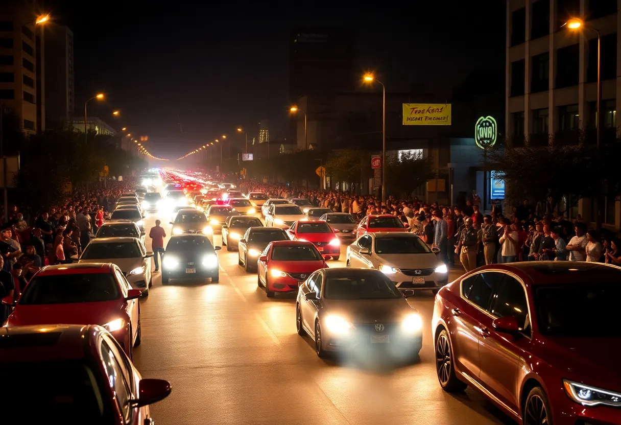 Crowded street during a street takeover event in Houston at night