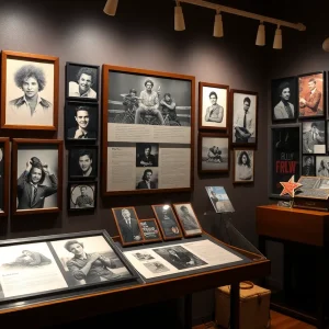 Display of photographs from John Lennon's life at an exhibit