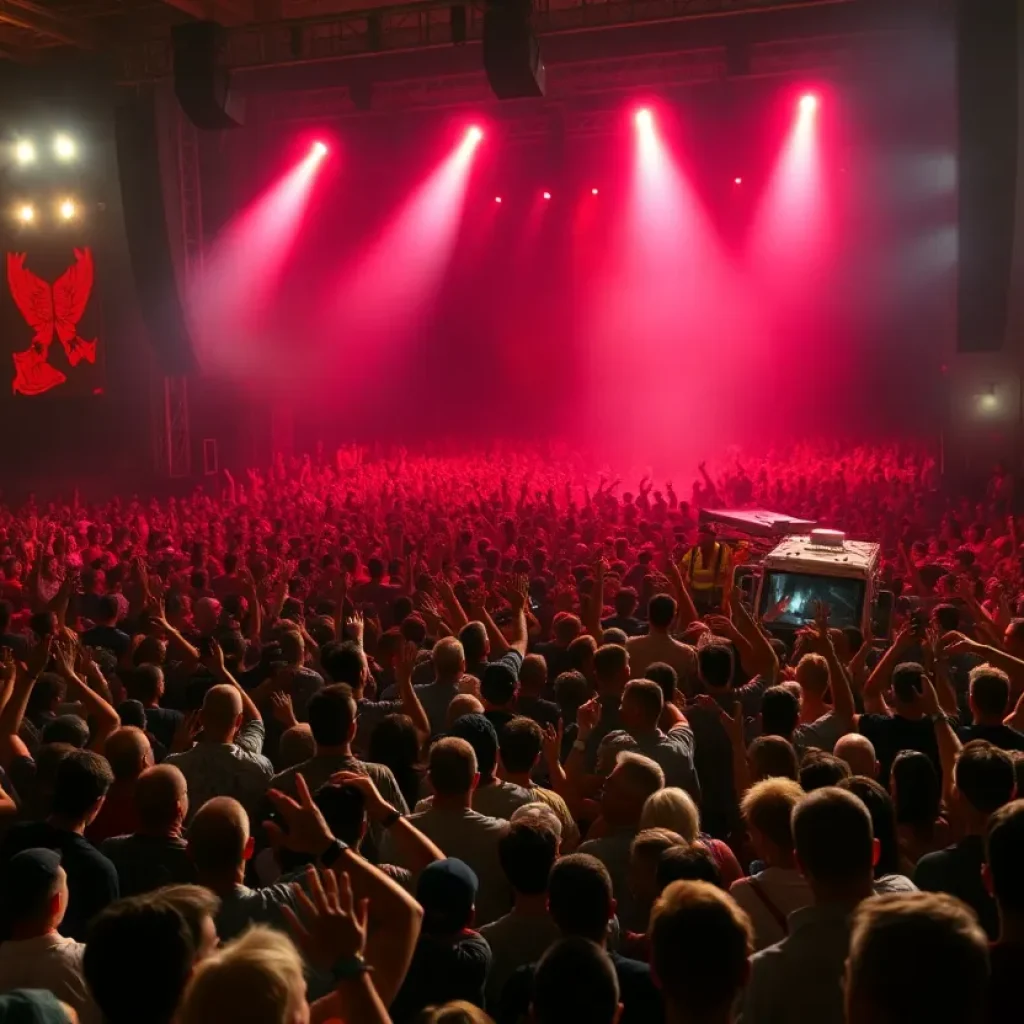 Crowd at a Journey concert reacting to an unexpected incident.