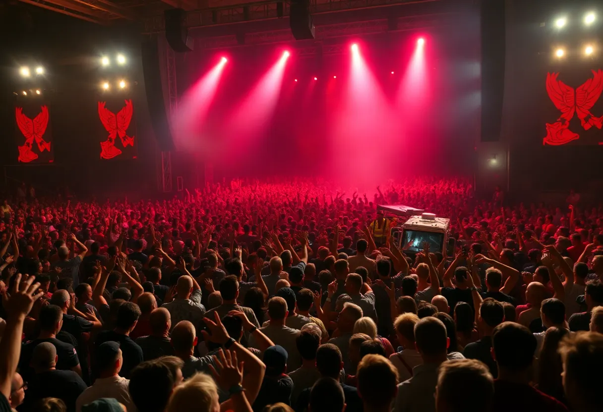 Crowd at a Journey concert reacting to an unexpected incident.